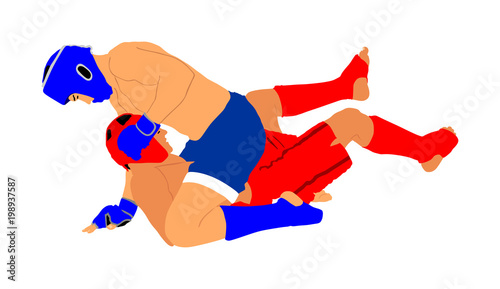Two mma fighters vector illustration isolated on white background. Mixed martial arts battle. Wrestling, boxing, judo, karate and other skills. Self defense concept.