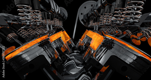 CG model of a working V8 engine with explosions. Pistons and other mechanical parts are in motion. photo