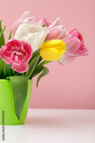 Green vase with spring tulips on pink background