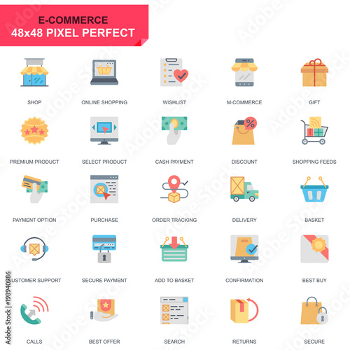 Simple Set E-Commerce and Shopping Flat Icons for Website and Mobile Apps. Contains such Icons as Delivery, Payment, Basket, Customer, Shop. 48x48 Pixel Perfect. Editable Stroke. Vector illustration.