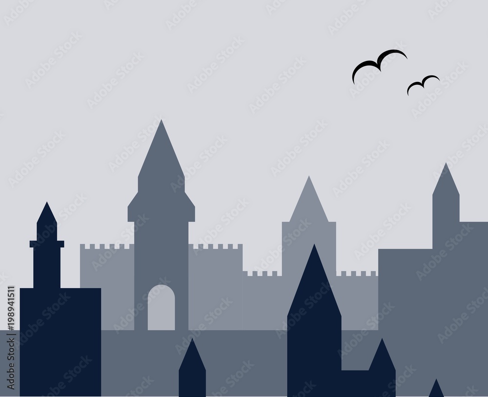 Stylized medieval town. Beautiful vector card.
