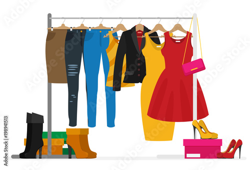 Flat vector racks with clothes on hangers