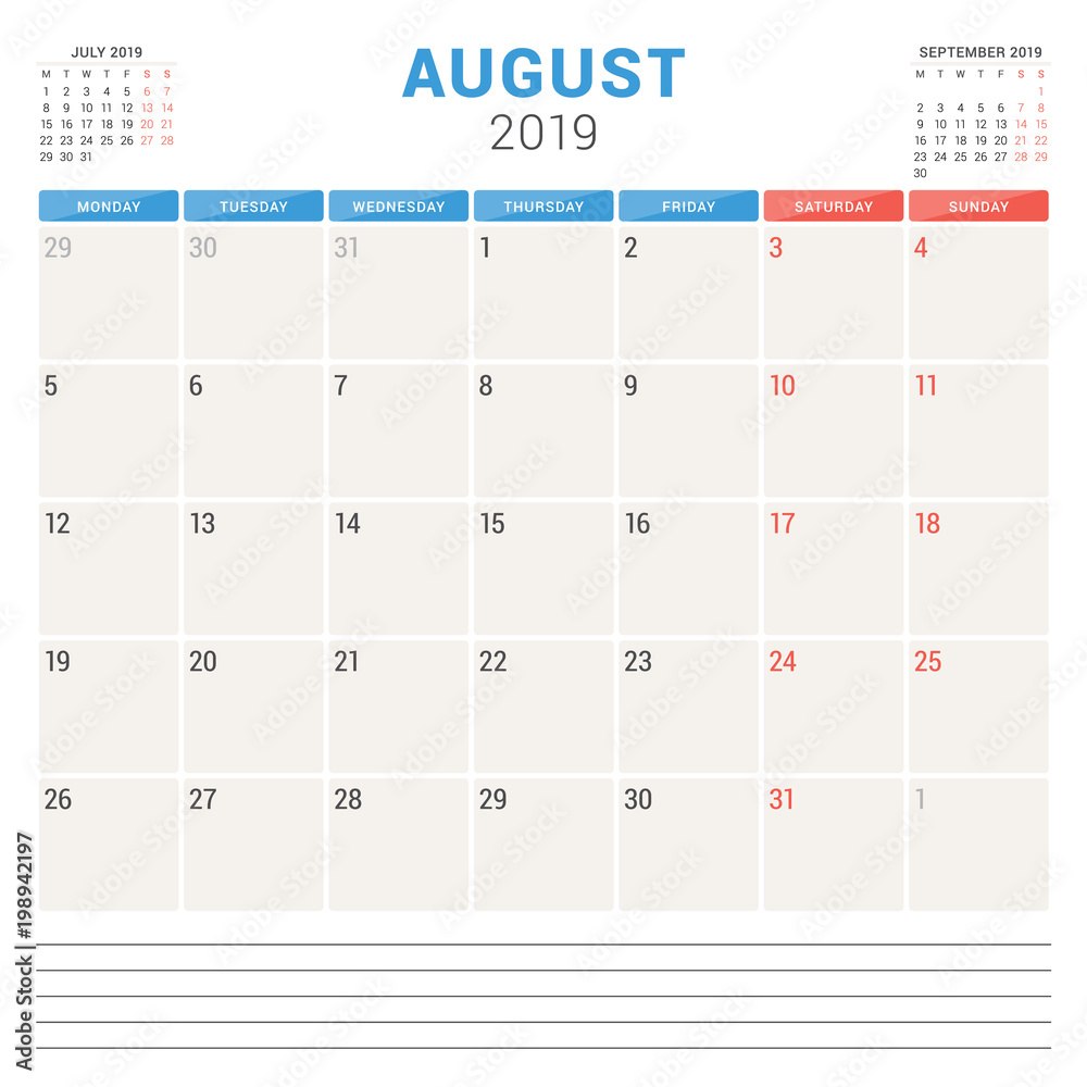 Calendar planner for August 2019. Week starts on Monday. Printable vector stationery design template - obrazy, fototapety, plakaty 