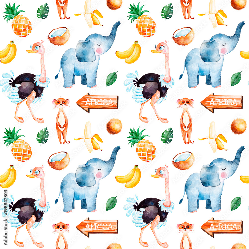 Africa watercolor seamless  collection with cute ostrich,elephant,meerkat,banana,  pineapple,wooden sign,coconut,palm leavesPerfect for wallpaper ,packaging,invitations,print,Baby shower Stock Illustration | Adobe Stock