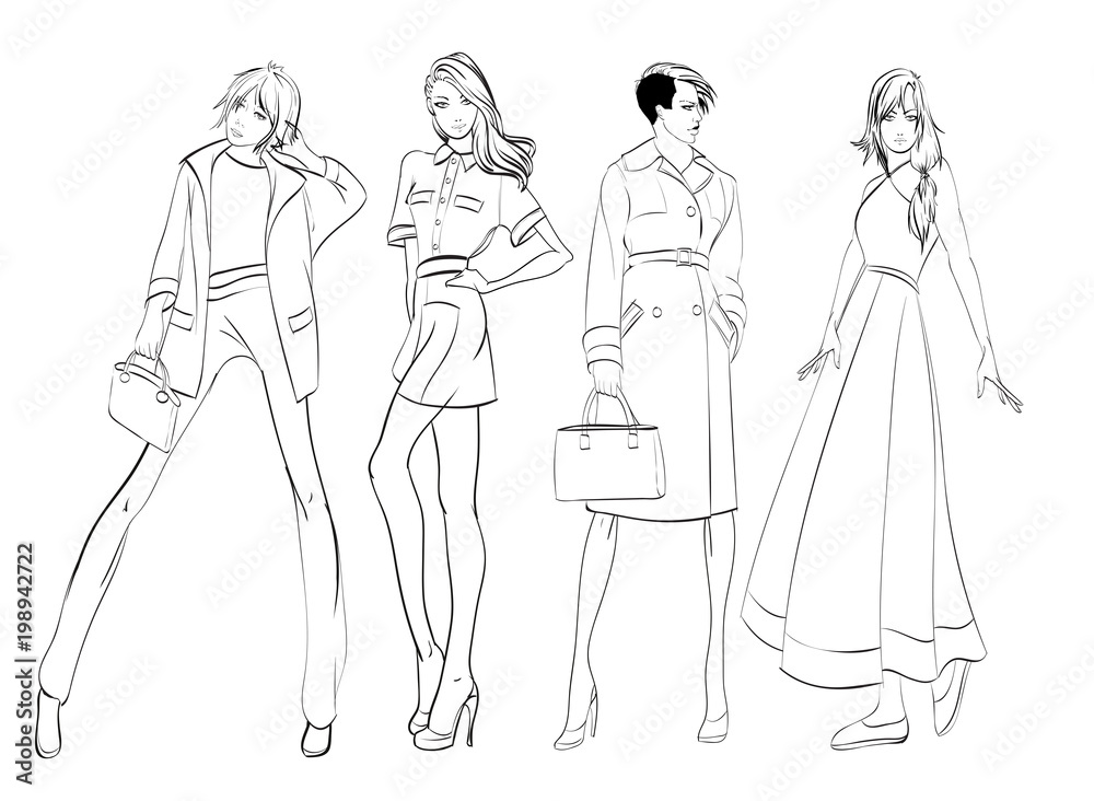 Stylish fashion models. Fashionable girls Sketch. Set of fashion girls on a white background. Stylish fashion models. Fashionable girls Sketch. Set of fashion girls on a white background.