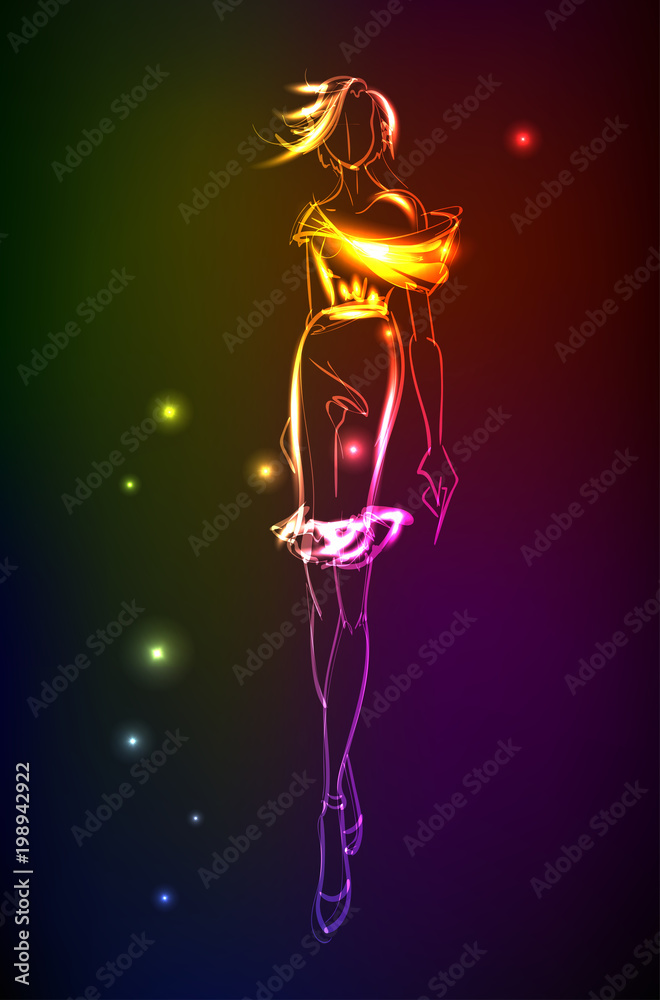 Hand-drawn fashion model from a neon. A light girl's. Fashion illustration. Hand-drawn fashion model from a neon. A light girl's. Fashion illustration.