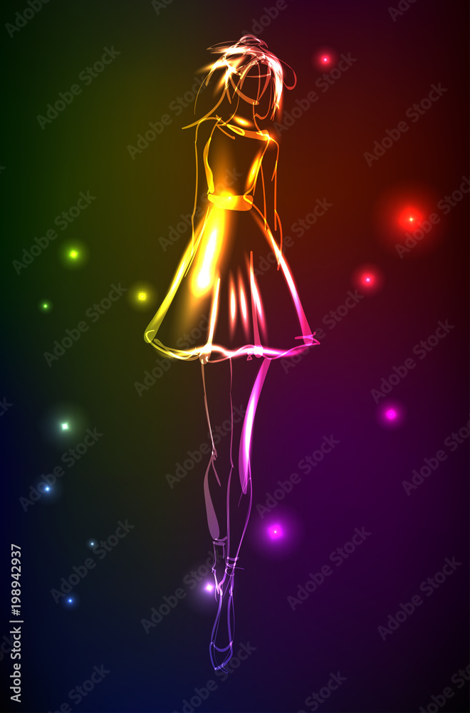 Hand-drawn fashion model from a neon. A light girl's. Fashion illustration.