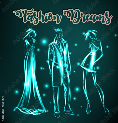Fashion dreams. Hand-drawn fashion models from a neon. A light girls and man. Fashion illustration.