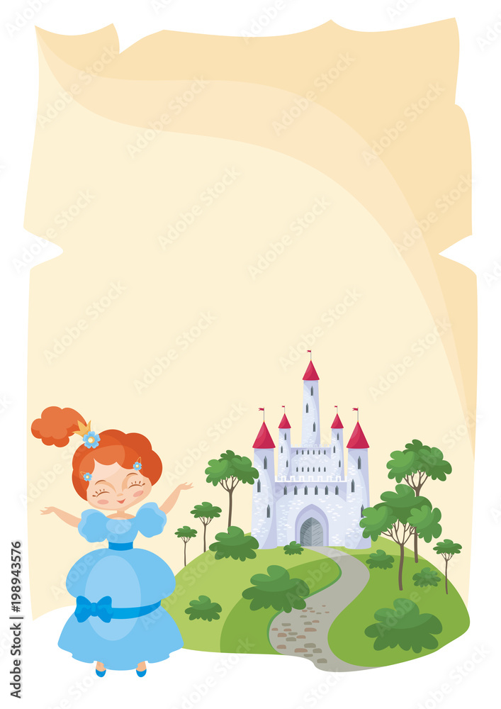 Colorful background with a picture of a parchment scroll, fairytale castle and a pretty Princess. Vector illustration.