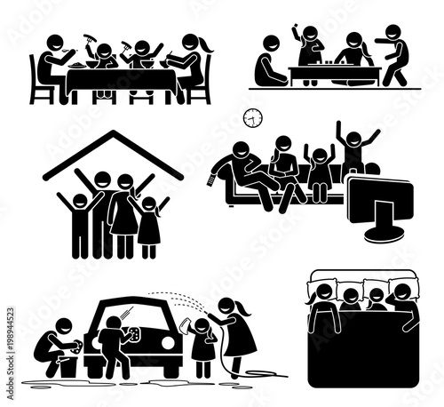 Family activities time at home. Stick figures pictogram depict family having meal, playing board games, watching TV, washing car, and sleeping together at home.