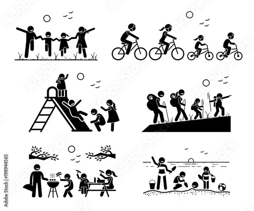 Family outdoor recreational activities. Stick figure pictogram depicts family in the park, riding bicycle together, playing at playground, hiking, outdoor bbq picnic, and enjoying themselves at beach.