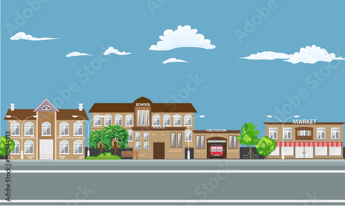 City landscape with different buildings.