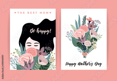 Happy Mothers Day. Vector illustration with woman and flowers.