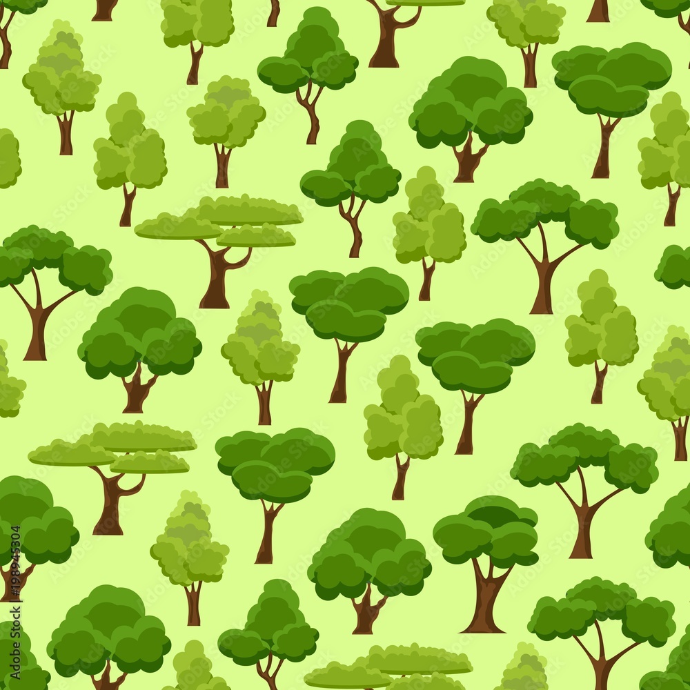 Seamless pattern with stylized trees. Cartoon garden green tree. Nature forest and park. Spring or summer trees. Vector illustration