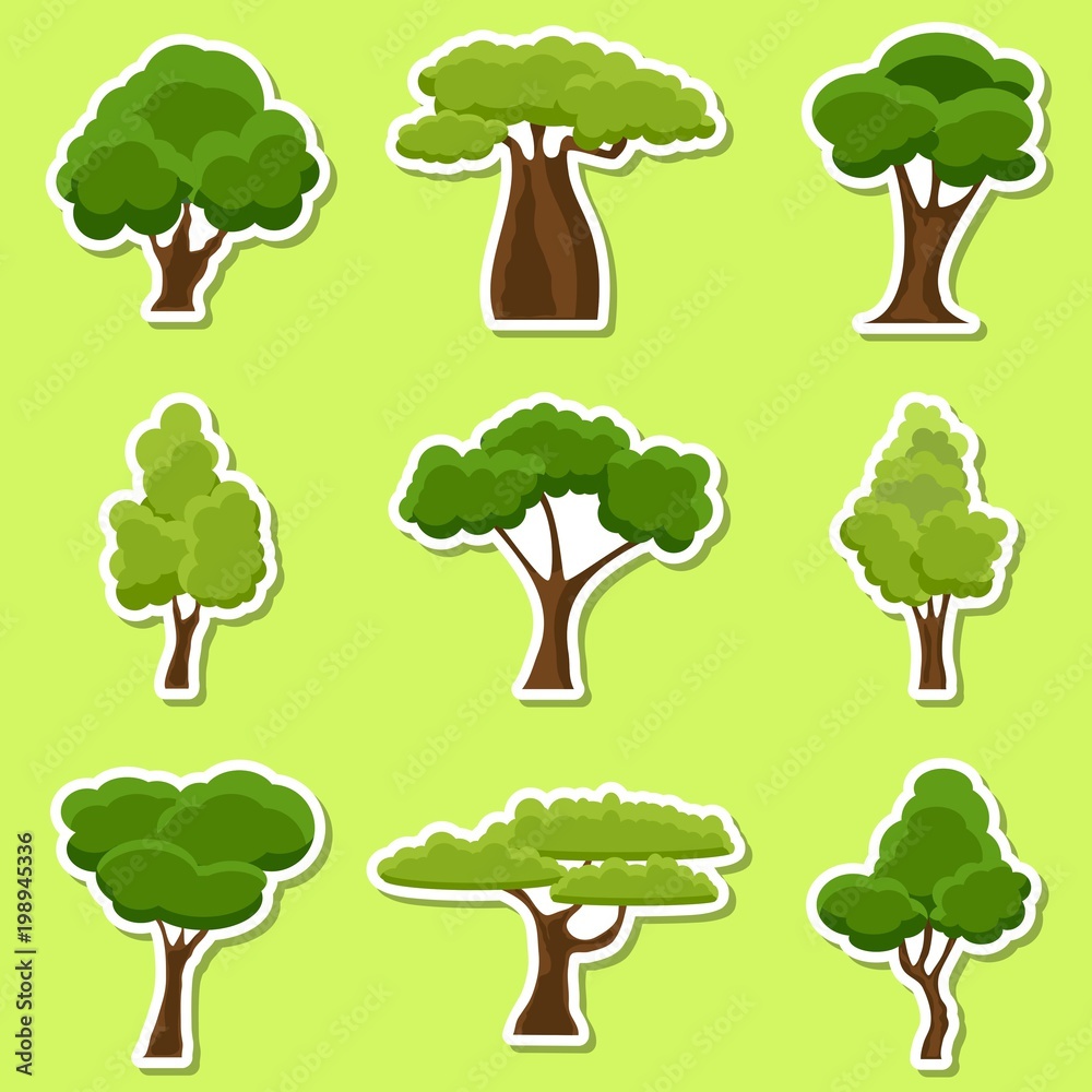 Fototapeta premium Set of flat stylized Tree stickers. Cartoon garden green tree icons. Nature environment organic forest and park. Spring or summer trees stickers. Vector illustration