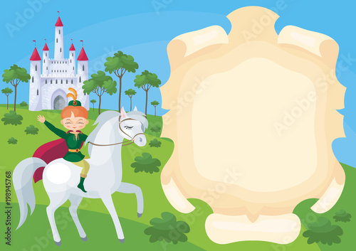 Colorful background with a picture of a parchment scroll, fairytale castle and Prince. Vector illustration.