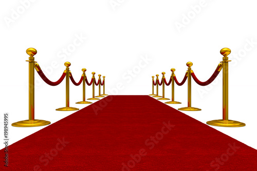 red carpet and barrier rope on white background. Isolated 3D illustration