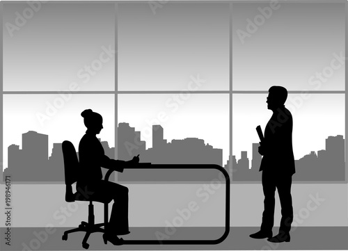 Job interview between the unemployed and businesswoman in the office, one in the series of similar images silhouette