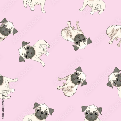 Fototapeta Naklejka Na Ścianę i Meble -  Vector seamless pattern with cute cartoon dog puppies. Can be used as a background, wallpaper, fabric and for other design.French Bulldog pattern