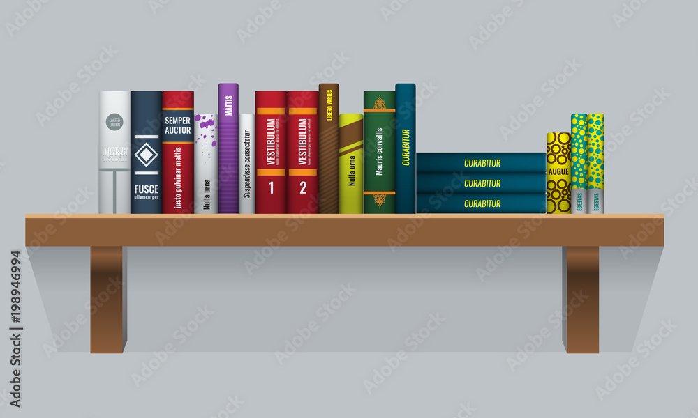 Vector Book shelf with realistic books stalks. Back side view. Stock