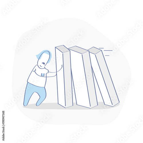 Hold the system from falling, crisis management. Cute cartoon guy trying to stop falling domino. Keep the situation under control, under the pressure of problems metaphor vector icon concept.