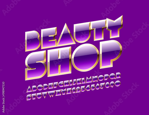 Vector chic Violet and Golden sign Beauty Shop. Fashion design Font. Glamour Alphabet Letters, Numbers and Symbols