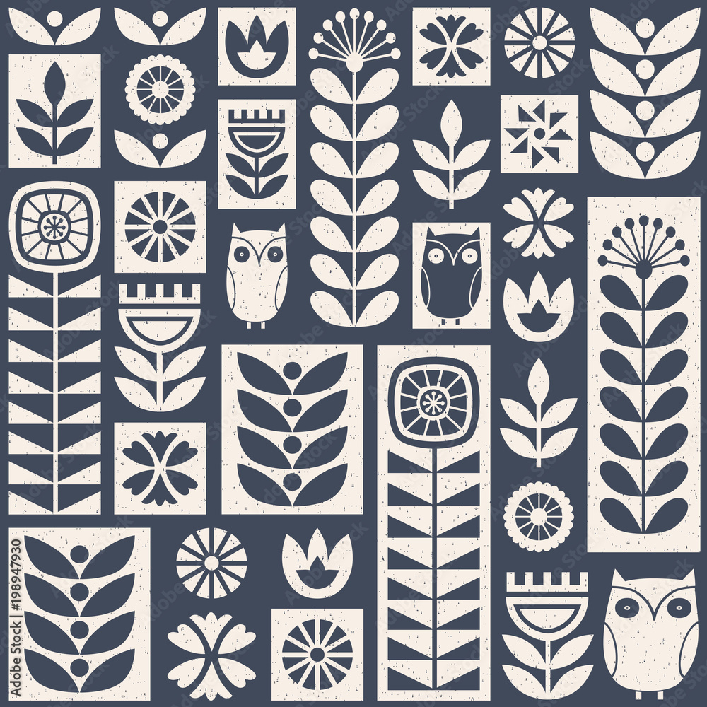 Plakat Skandynawski sztuka ludowa bezszwowe wektor wzór z kwiatów, roślin i sowy na zużyte tekstury w stylu minimalistycznym
