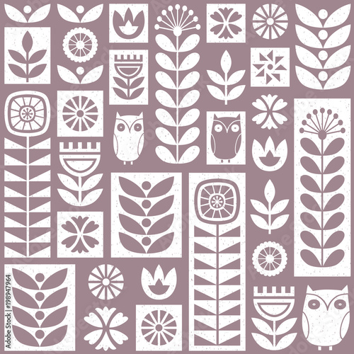 Scandinavian folk art seamless vector pattern with flowers, plants and owls in minimalist style