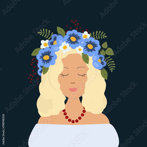 Portrait of a cute girl in a decorative floral wreath on her head. Vector illustration on a dark blue background © irynaalex