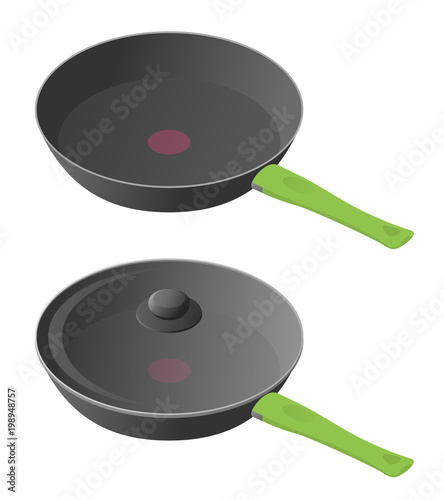 Flat isometric illustration of frying pan with transparent glass lid. The empty dripping pan with handle. Cuisine, cookware, kitchen utensils, kitchenware vector concept isolated on white background.