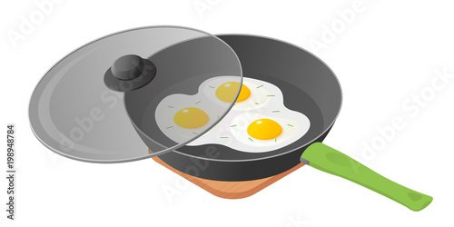 Flat isometric illustration of cooking pan with fried scrambled eggs, glass lid. The morning eating of omelette from dripping pan. The breakfast, ingestion, nutrition, food, protein, vector concept.