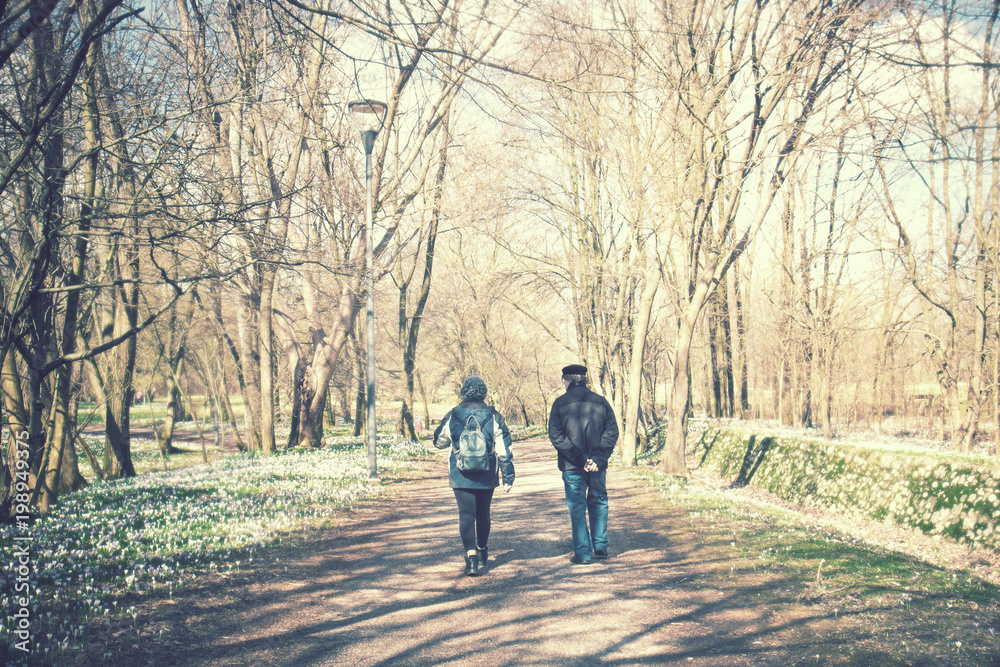 couple walking on path vintage effect, romantic stroll in a park