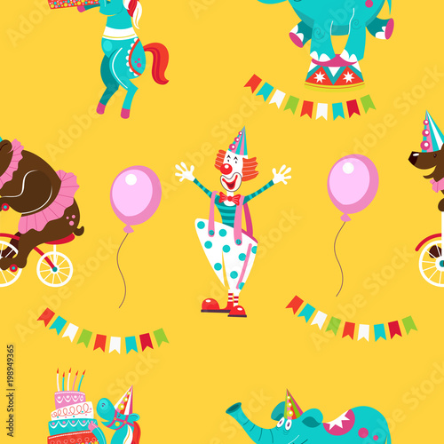 Seamless pattern. Circus animals  circus artists. Bright pattern for printing on textiles  wrapping paper  for registration of a cheerful holiday in honor of birthday or gift packaging.