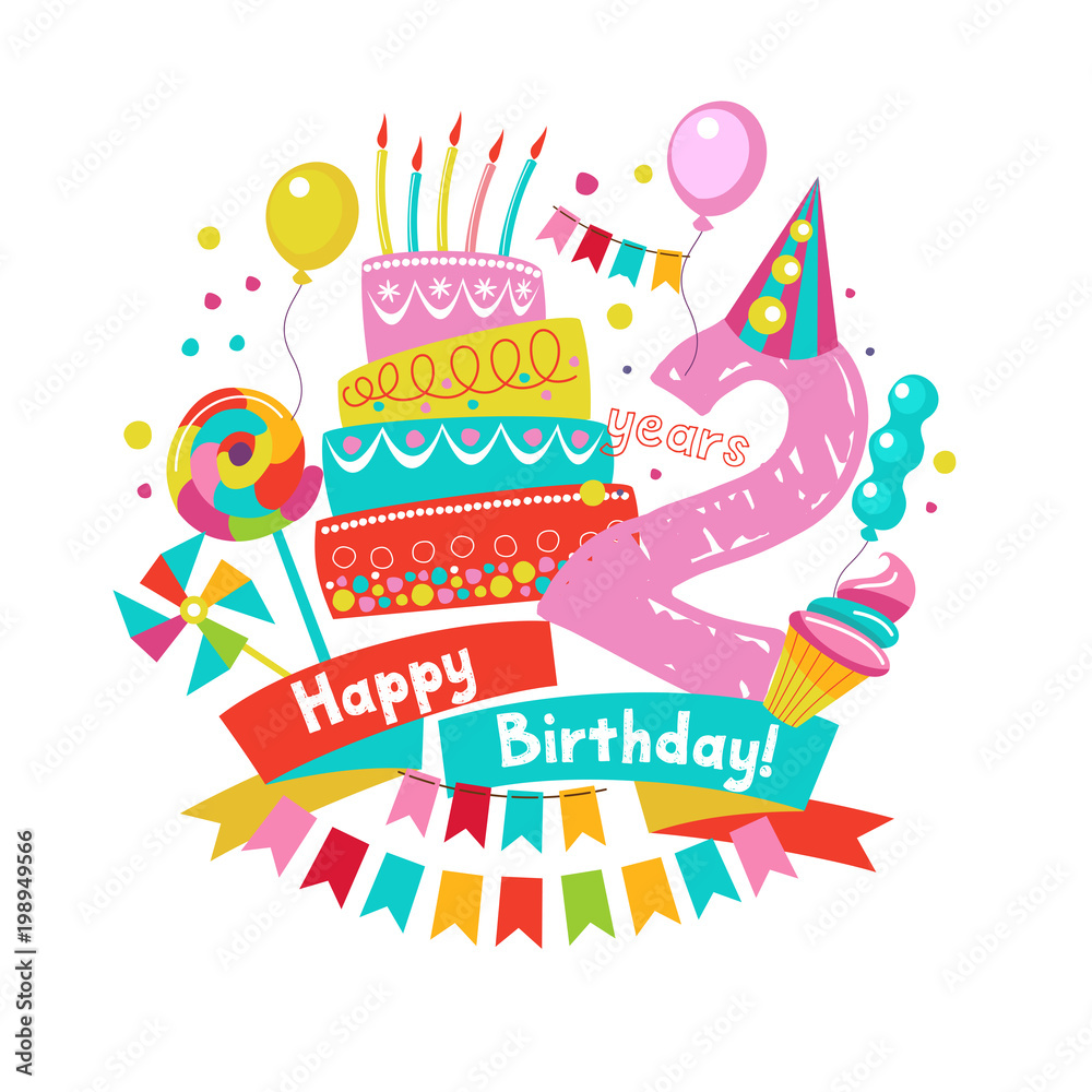 Congratulations on your birthday. Invitation to a festive party. 2 years from the date of birth. Bright colorful clipart. Vector illustration. Congratulations on your birthday. Invitation to a festive party. 2 years from the date of birth. Bright colorful clipart. Vector illustration.