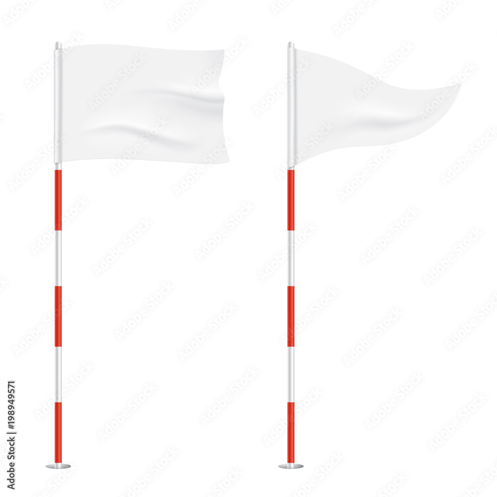 Golf flags isolated on background. Square and triangular vector waving flags, waving on a stick