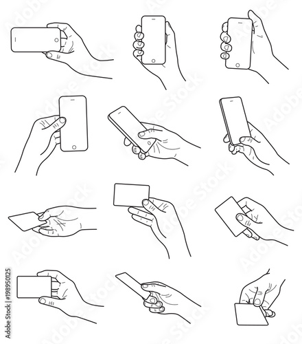 Hand gestures with card and phone vector set
