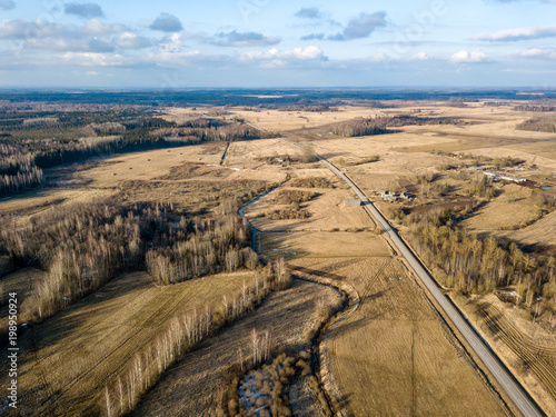 drone image. aerial view of rural area with houses and road network. populated area Dubulti near Jekabpils, Latvia photo