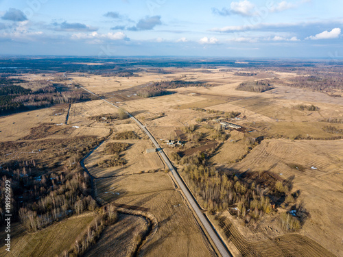 drone image. aerial view of rural area with houses and road network. populated area Dubulti near Jekabpils, Latvia photo