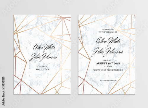 Invitation card template of geometric design. Two side. Invitation to a wedding party. White marble background and rose-gold geometric pattern. Dimensions 5x7 inch. Seamless pattern included. Eps10.