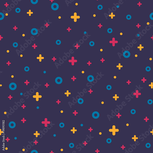 Geometric memphis retro seamless pattern 80s - 90s style. Trendy texture with color funky shapes on violet background. Vector illustration in memphis pop art style for fabric print or poster template
