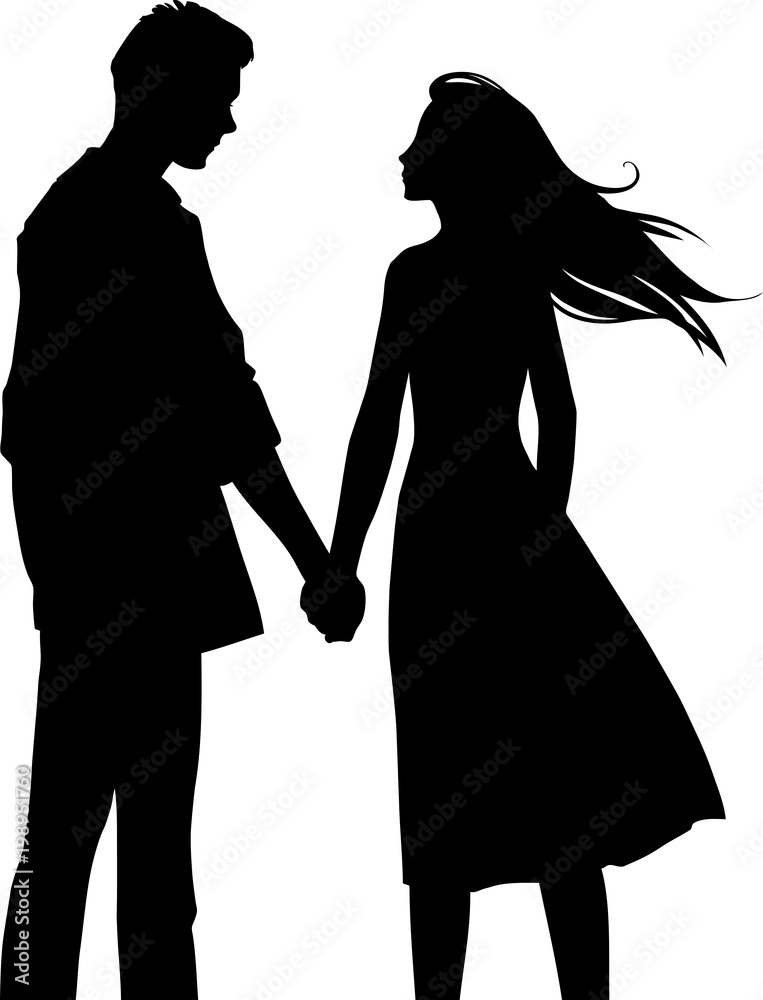 Beautiful cartoon black silhouette illustration of a young couple in love  holding hands Stock Vector | Adobe Stock