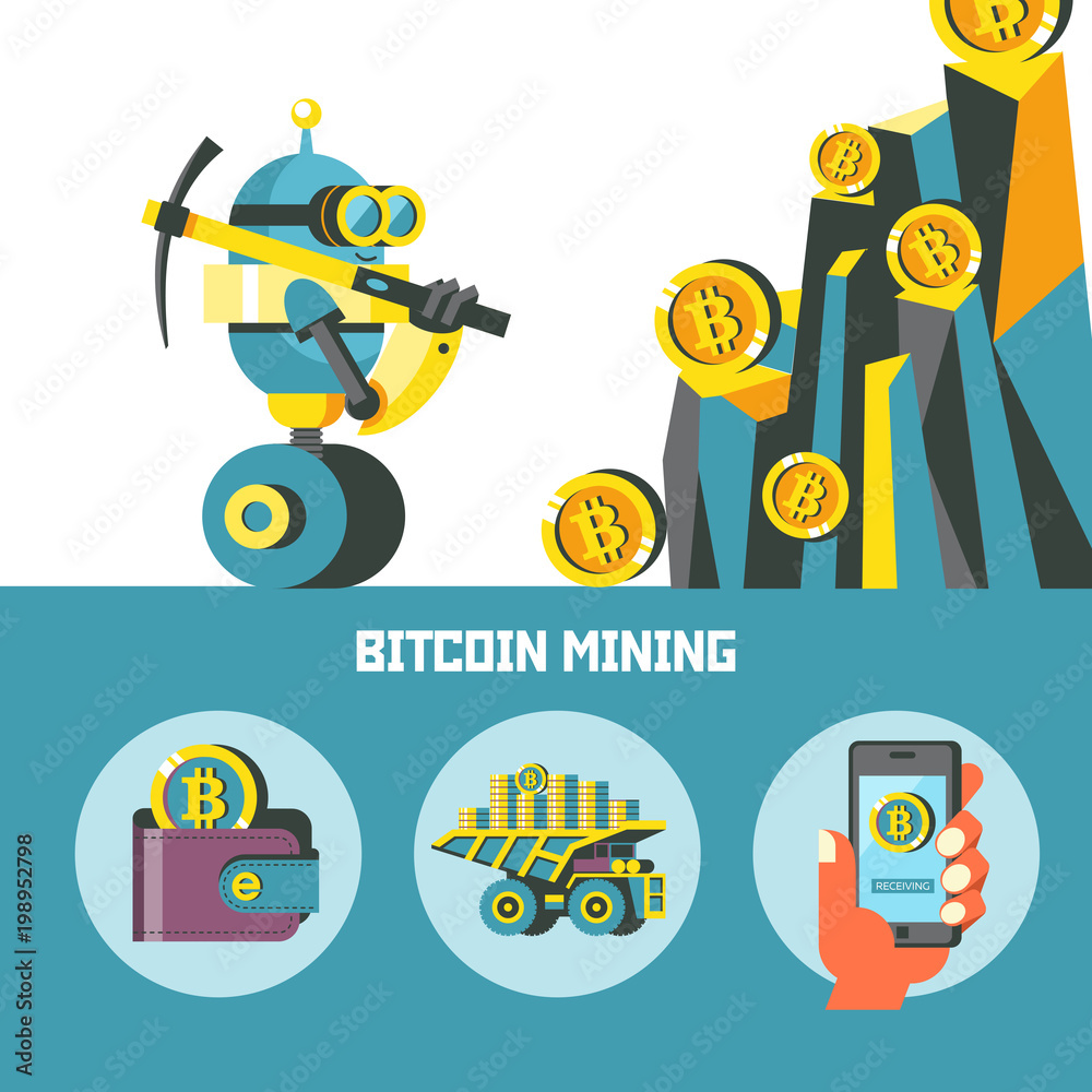 Bitcoin mining. Cute robot produces bitcoins. Vector illustration.