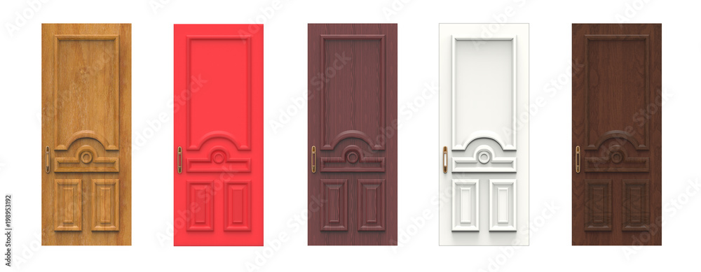 Fototapeta premium Set of various wooden doors. 3d illustration isolated on white background