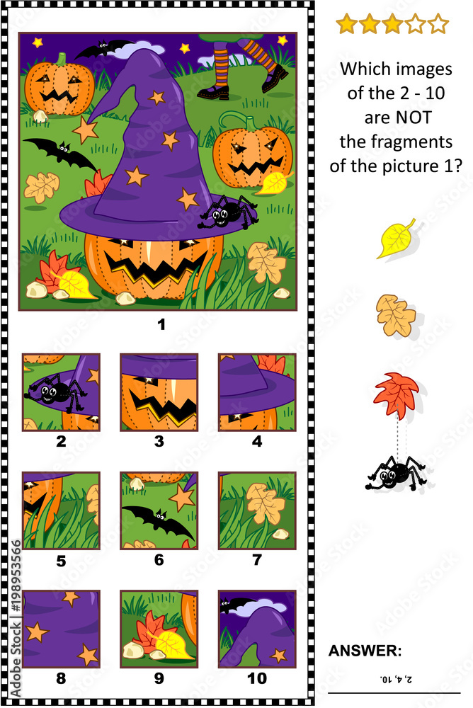 Fototapeta premium Halloween themed visual puzzle with witch hat, pumpkins and night scene: What of the 2 - 10 are not the fragments of the picture 1? Answer included. 