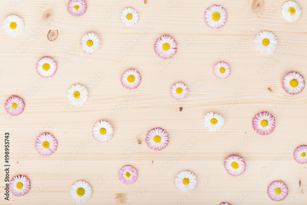 floral pattern made of garden flowers chrysanthemums on wooden rustic table background. vintage card, flat lay, top view. summer floral concept