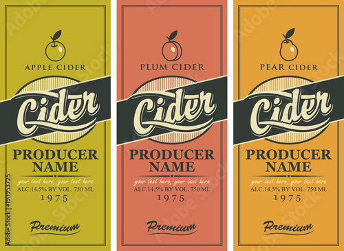 Vector set of labels for various types of cider. Three labels for a cider in the square frame with apple, plum and pear.