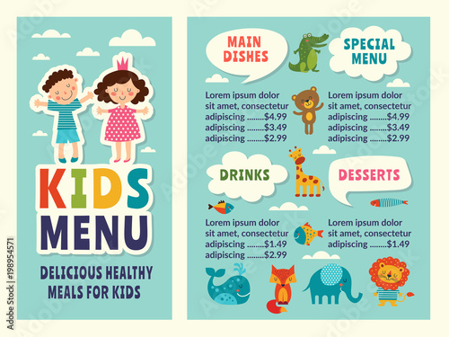 Design template of kids menu with colored funny pictures and place for your text