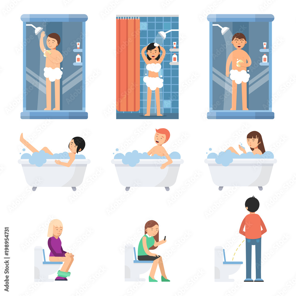 Different funny people take a shower in bathroom. Vector pictures in flat style Different funny people take a shower in bathroom. Vector pictures in flat style