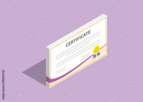 3d isometric certificate flat with violet background