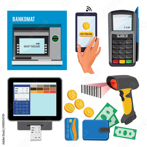 Vector illustrations of bankomat and terminal for credit cards payments